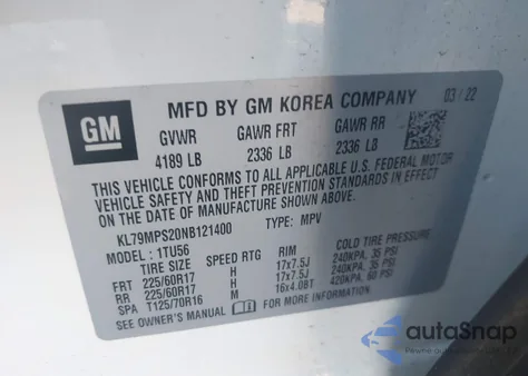 2022 Chevrolet Trailblazer Fwd Lt z USA, uszkodzony, nr VIN KL79MPS20NB121400